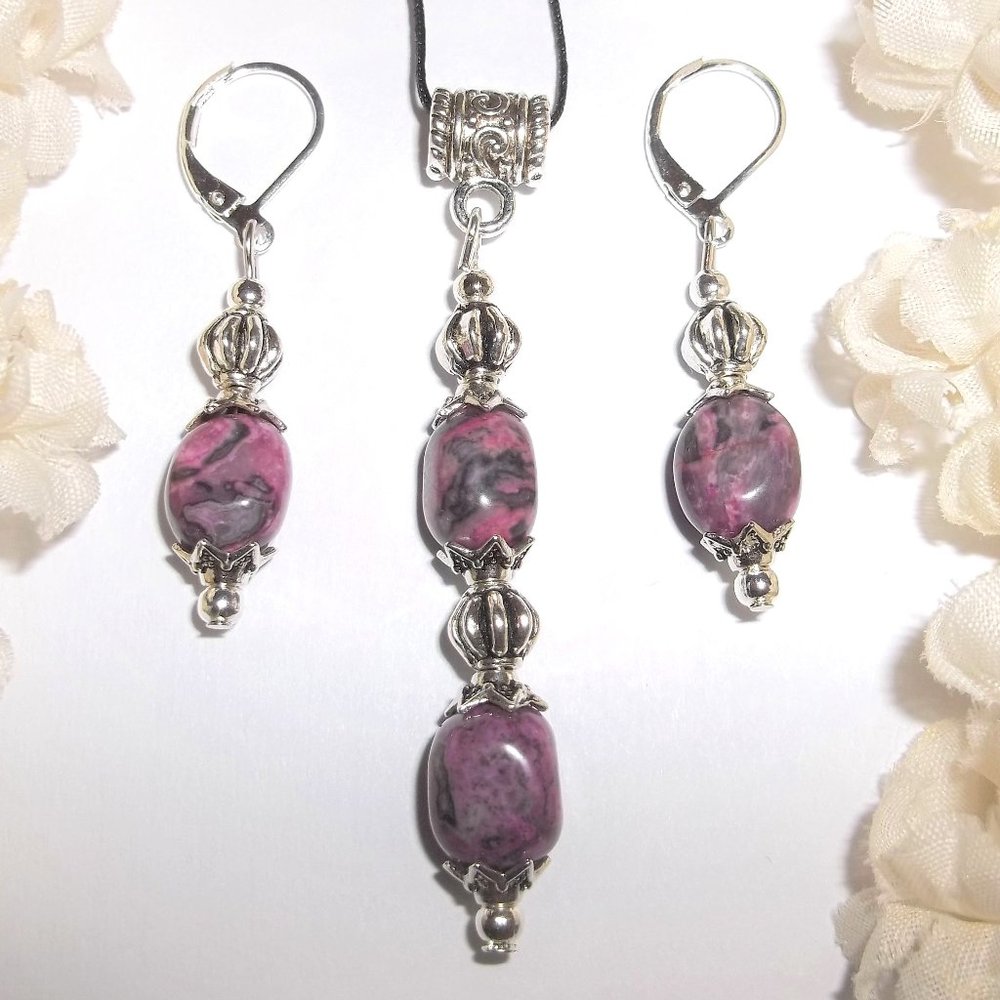 Purple Earring and Necklace Set Fashion Accessory Handmade Beaded Gift Idea 6884